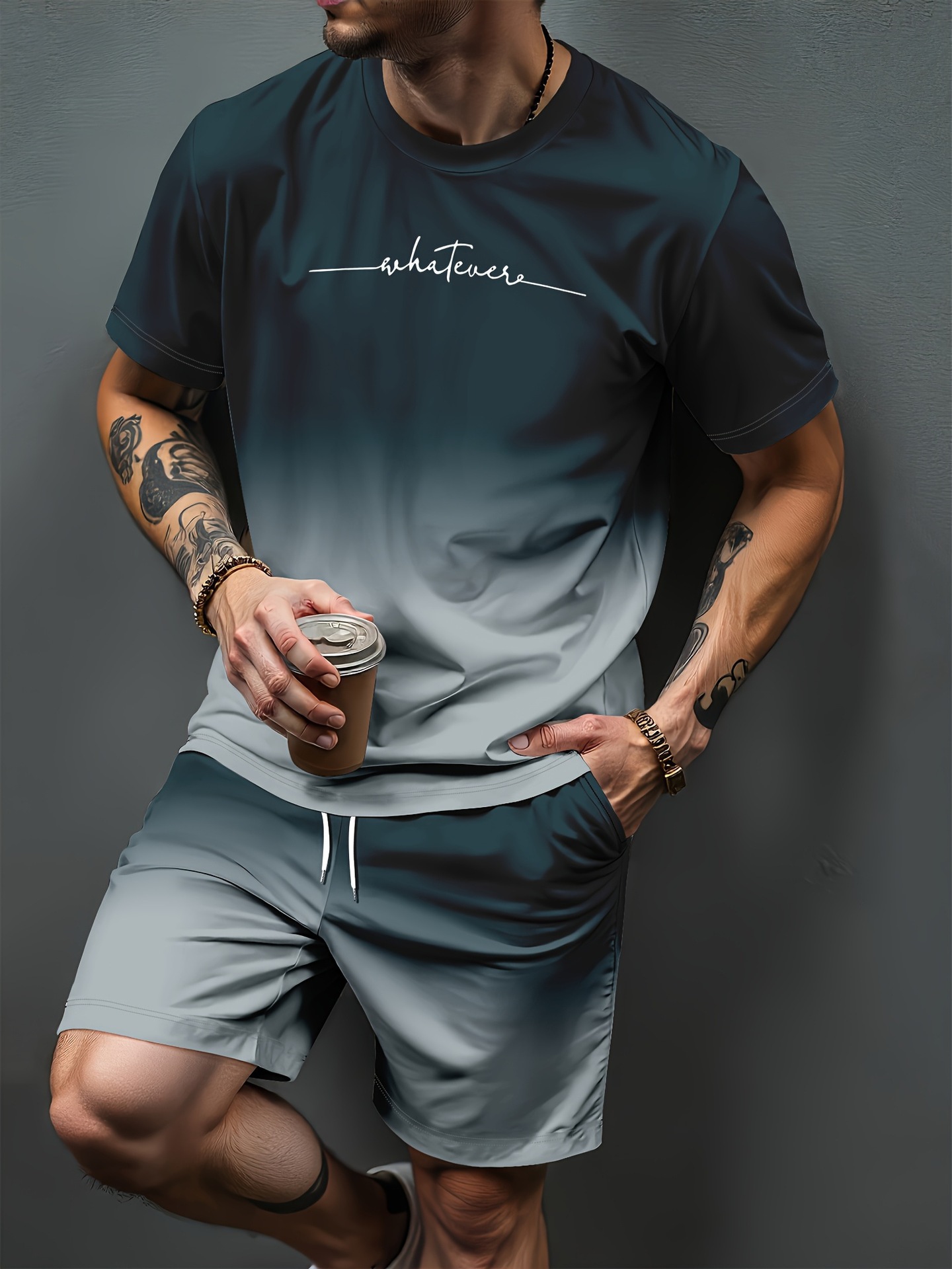 Summer Clothing For Young Men - Gradient Letter Pattern 3D Print Tracksuits