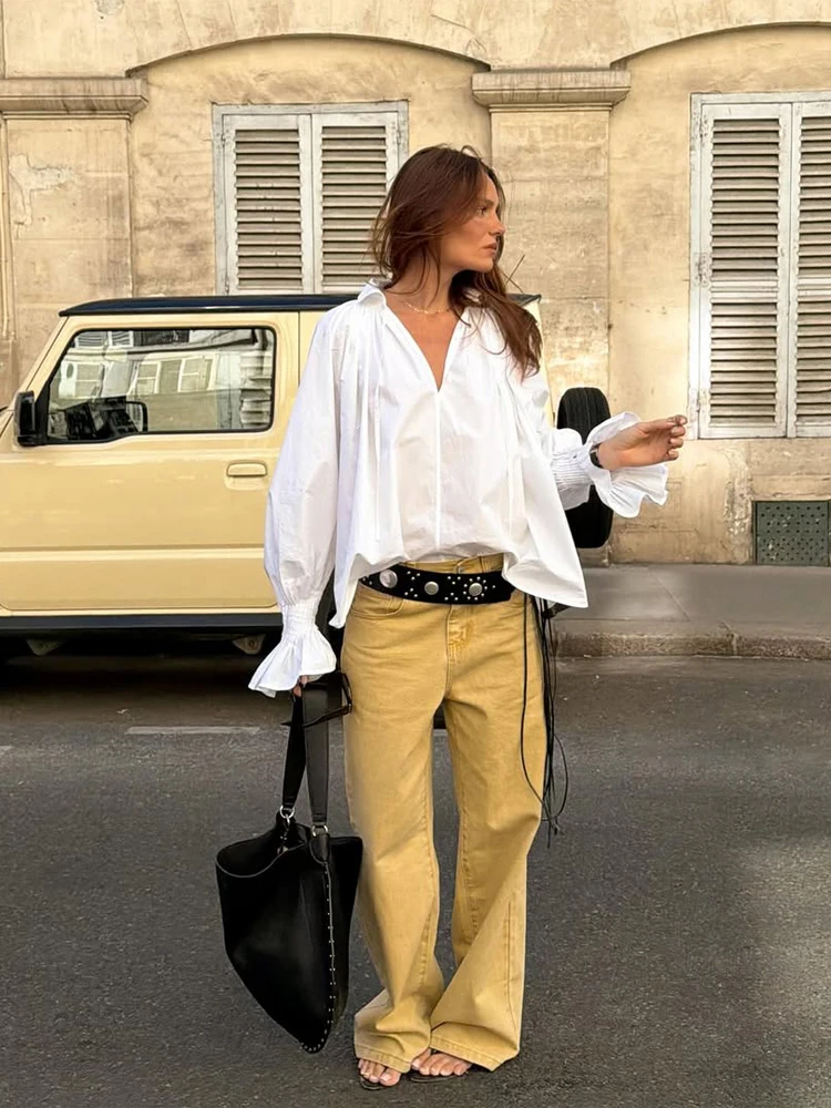 Tie Front Shirt - Women White V Neck Tie Front