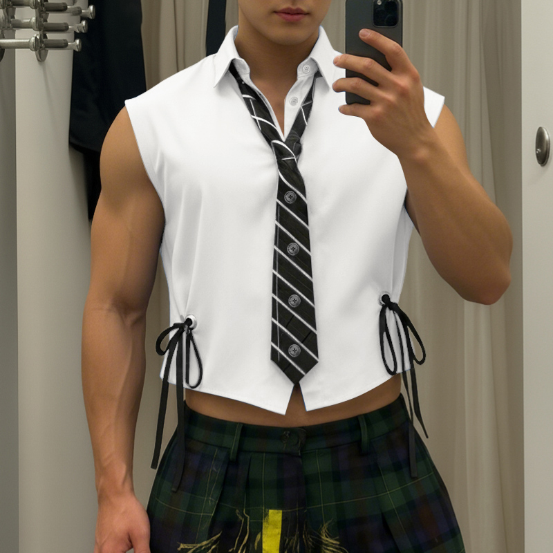 Tie Front Shirt - INCERUN Men Shirt Patchwork Lapel Sleeveless