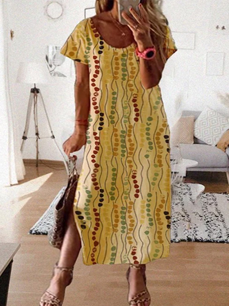Summer Clothing For Older Women - Plus Size Yellow Printed Midi Dress,