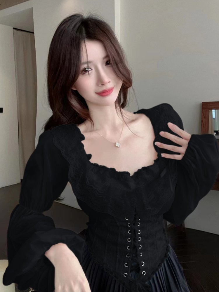 Solid Blouse Women Lace-up Cro - огляд і ціна Crop Blouse Linen