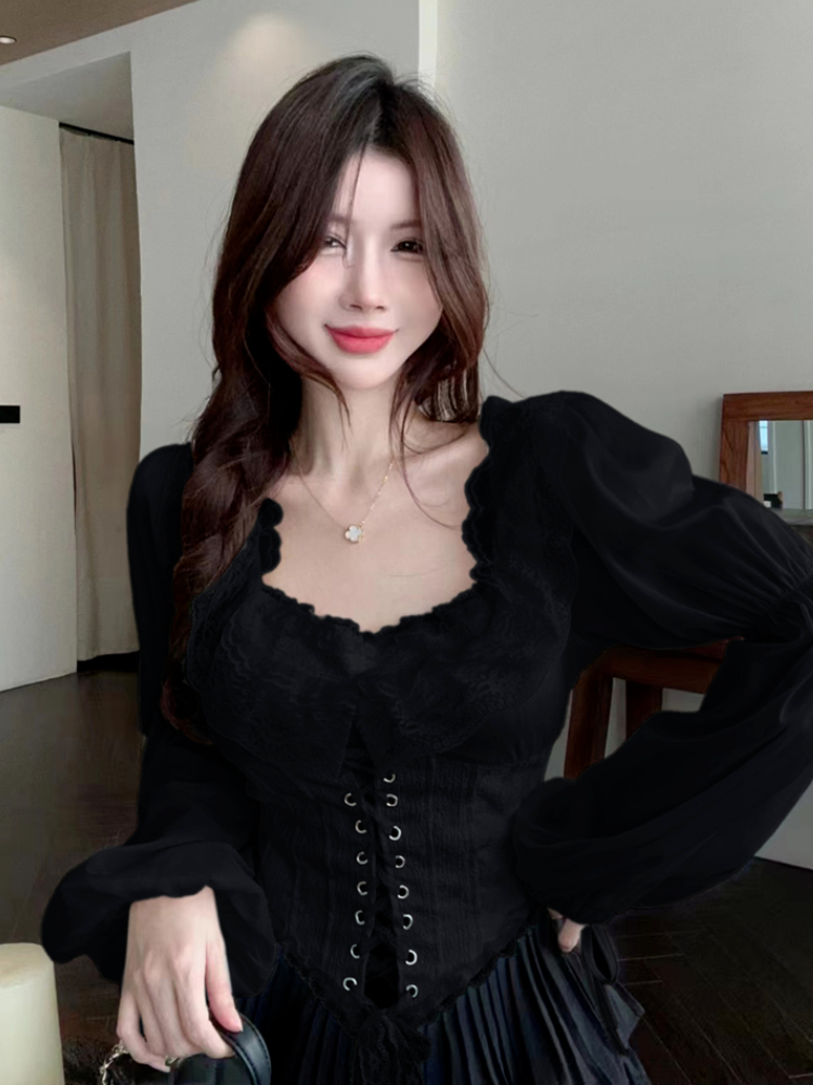 Solid Blouse Women Lace-up Cro - огляд і ціна Crop Blouse Linen