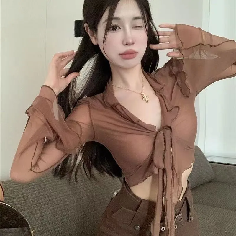 Women Sexy Sheer Mesh Crop Shi - огляд і ціна Tie Front Shirt
