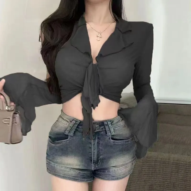 Women Sexy Sheer Mesh Crop Shi - огляд і ціна Tie Front Shirt