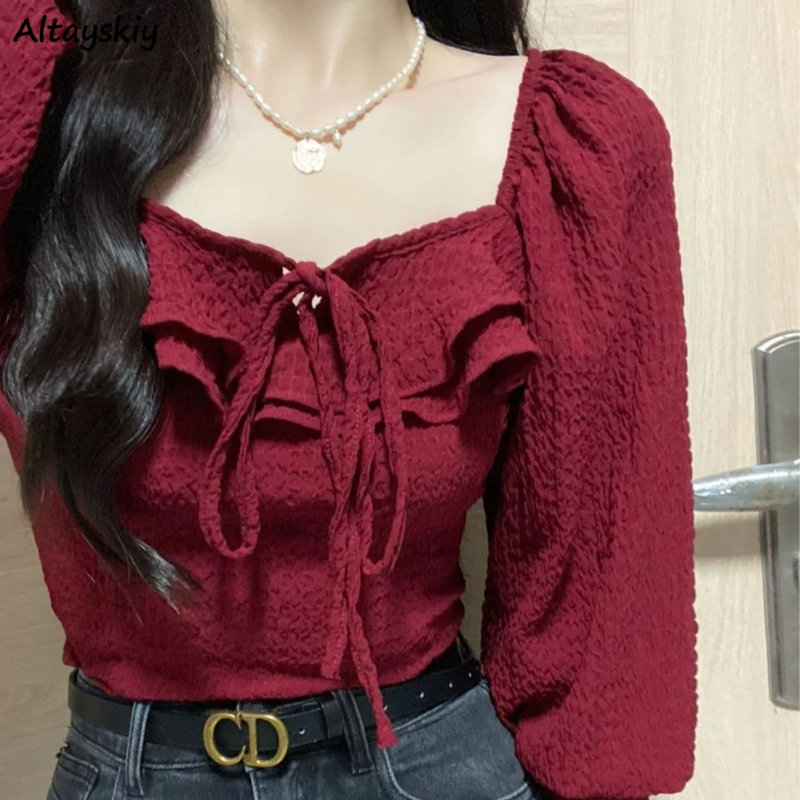 Red Blouses Lace Up Casual Vin - огляд і ціна Crop Blouse Linen