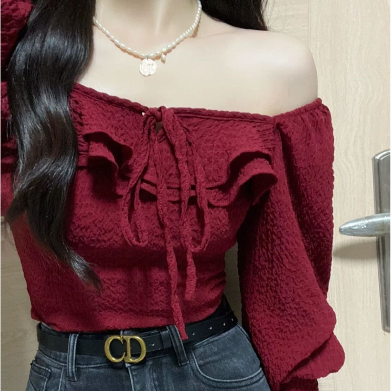 Red Blouses Lace Up Casual Vin - огляд і ціна Crop Blouse Linen